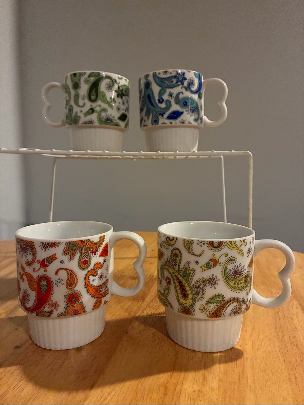 4 Vintage Porcelain Paisley Stackable Coffee Cups